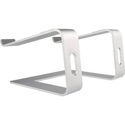 A silver metal laptop stand with a minimalist design featuring two curved arms for support.