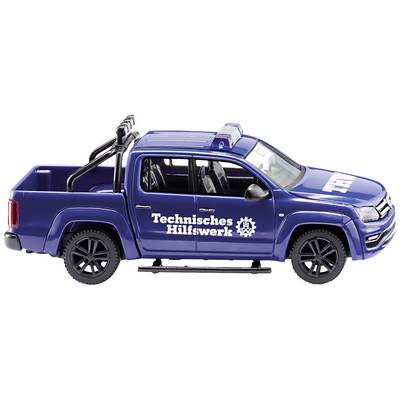 Blue model vehicle of the Technical Relief Organisation with an open cargo area and logo on the side.