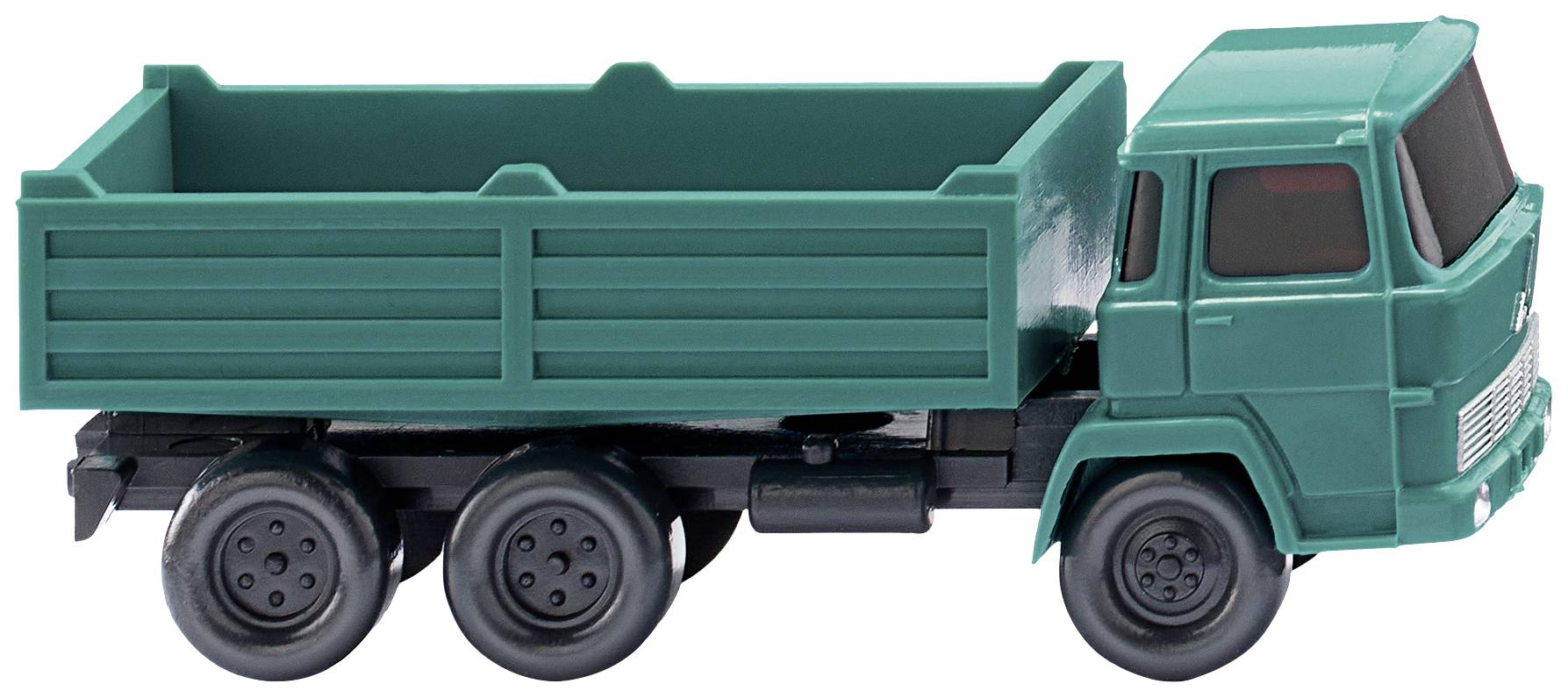 A green toy lorry with an open cargo area and six wheels, viewed from the side.
