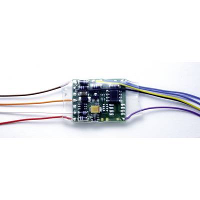 A small, green circuit board with several electronic components, connected by five coloured wires.