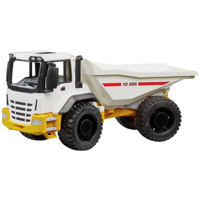 Toy dump truck on a white background. The vehicle has a white cabin, yellow details, and the inscription 'XD 5000' on the load bed.