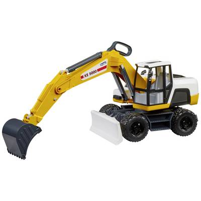 A yellow toy digger with a shovel and white details, brand 'XE 5000'. The digger stands on black wheels.