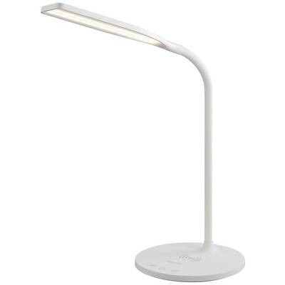 White, slender table lamp with flexible arm and LED light, mounted on a round base with touch control panel.
