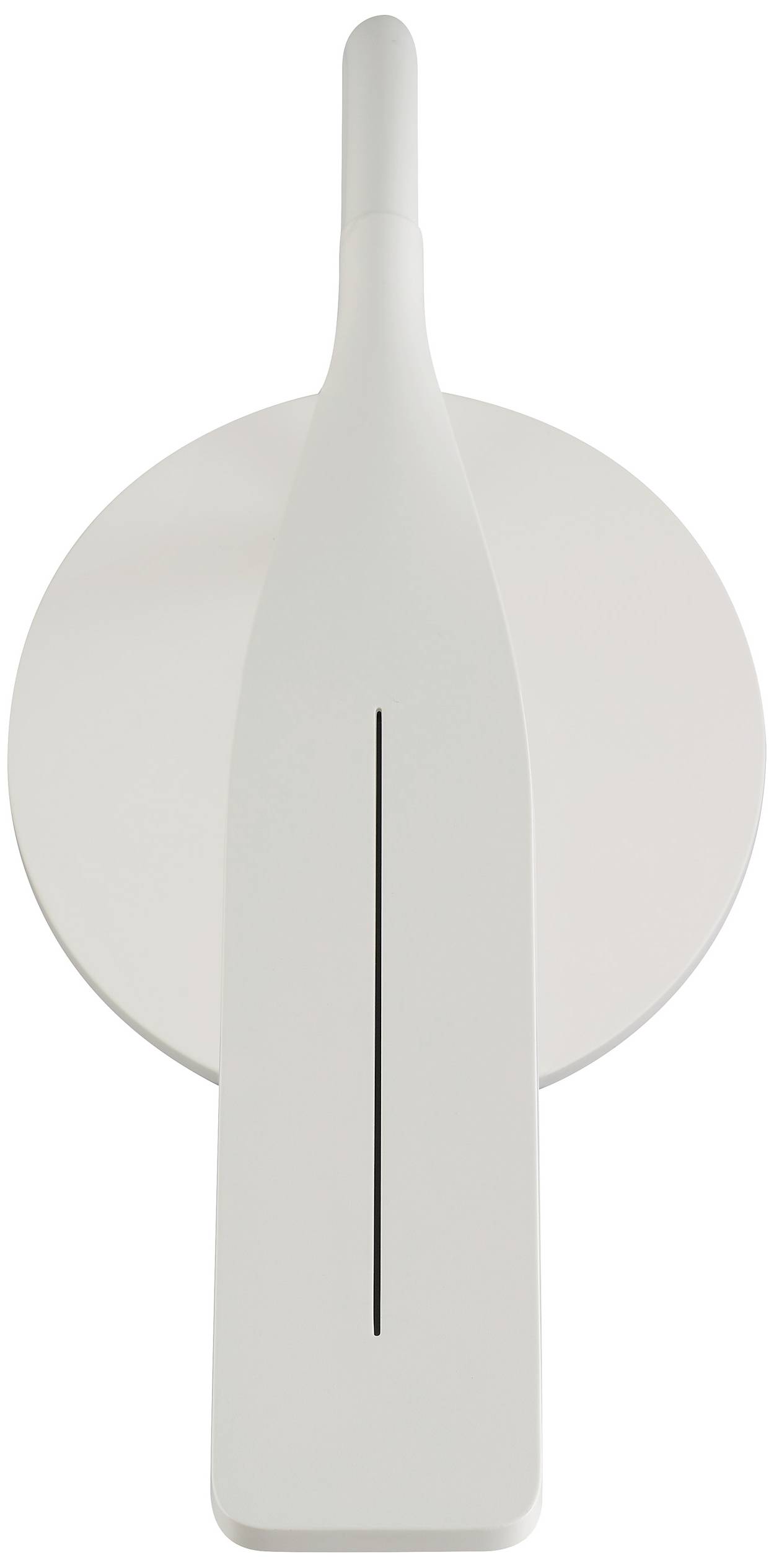 A white, modern, minimalist door sign with an elegant shape and a vertical slit in the centre.
