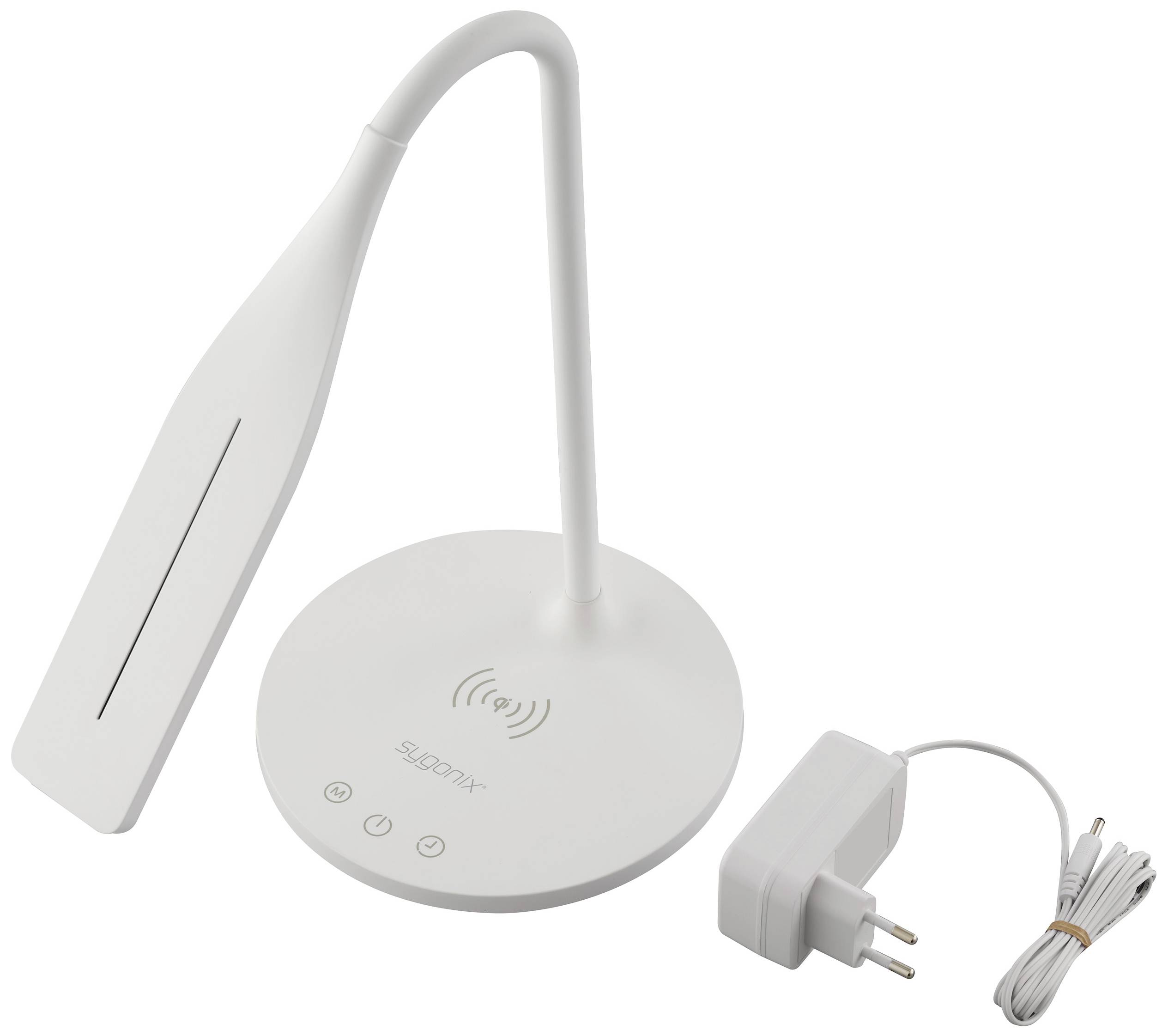 White LED desk lamp with flexible gooseneck. Integrated wireless charging function in the base. Includes a power adapter with cable.