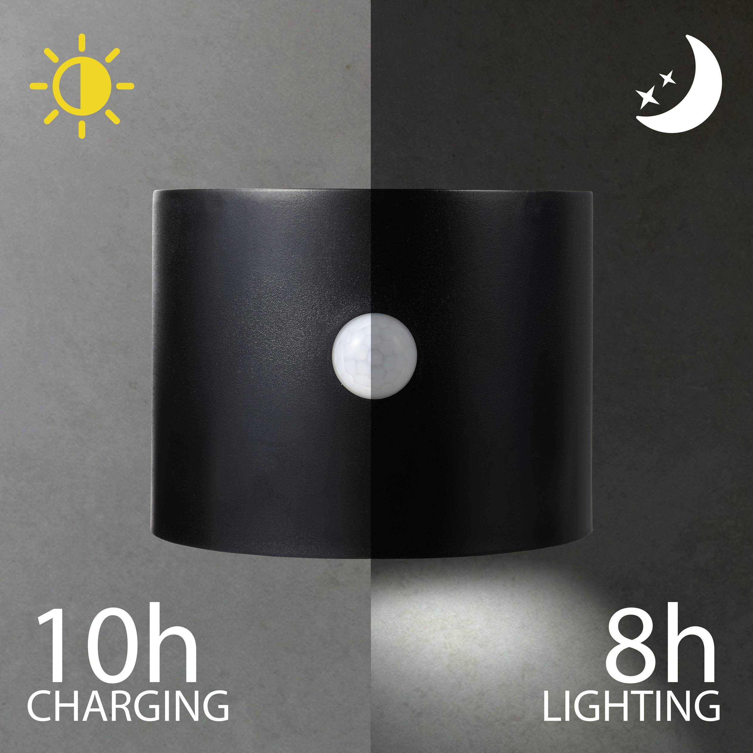 Black and white split image of a lamp. On the left, a sun with '10h CHARGING', on the right, a moon with '8h LIGHTING'. Symbolises charging and illumination.