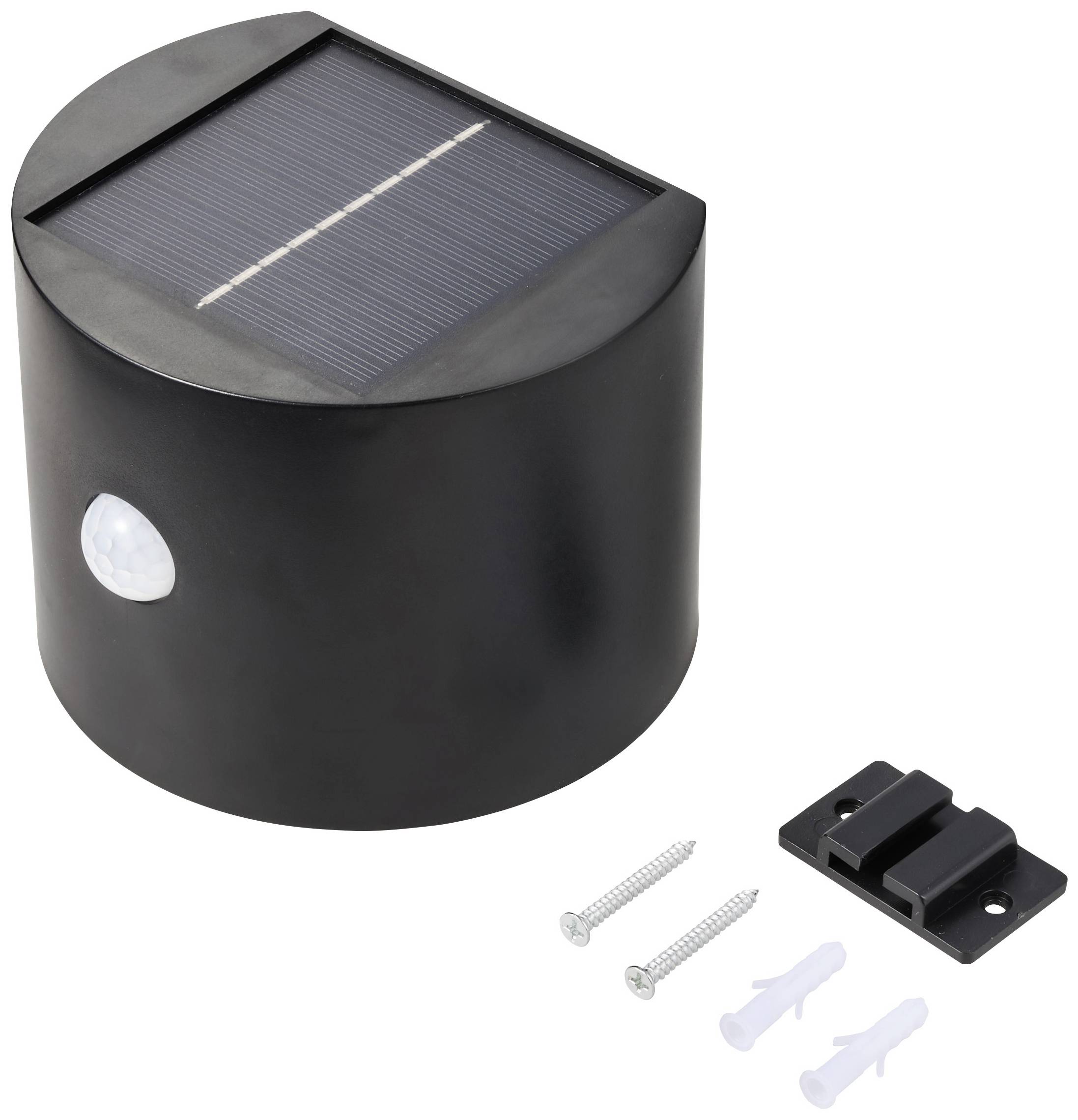 Black, semi-circular solar lamp with motion sensor, screws, and mounting bracket. Ideal for outdoor use with automatic lighting.