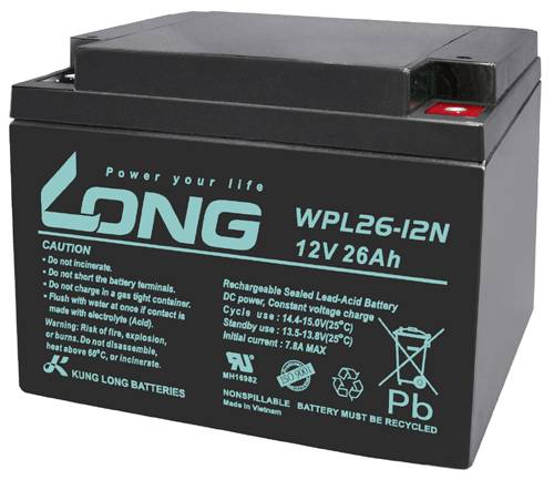 A black sealed lead-acid battery with the inscription 'LONG - Power your life', Model WPL26-12N, 12V 26Ah.