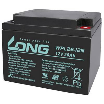 A black sealed lead-acid battery with the inscription 'LONG - Power your life', Model WPL26-12N, 12V 26Ah.
