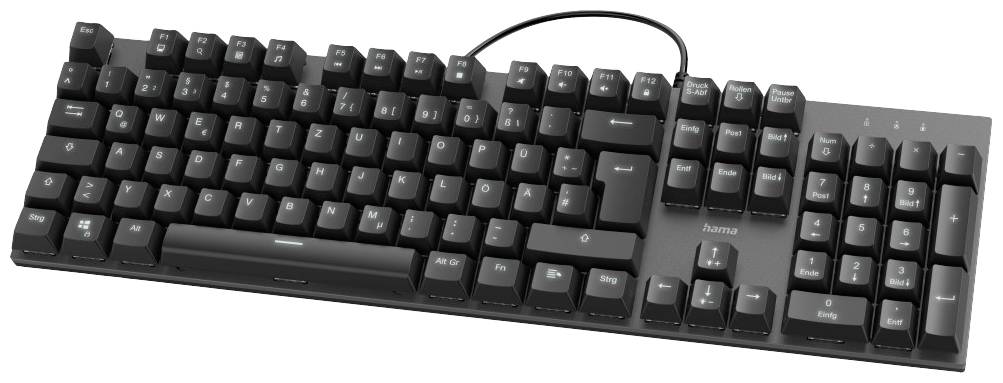 Black mechanical QWERTY keyboard with cable, German layout. Keys have white lettering. Suitable for computer use.