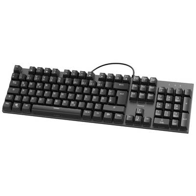 Black mechanical QWERTY keyboard with cable, German layout. Keys have white lettering. Suitable for computer use.