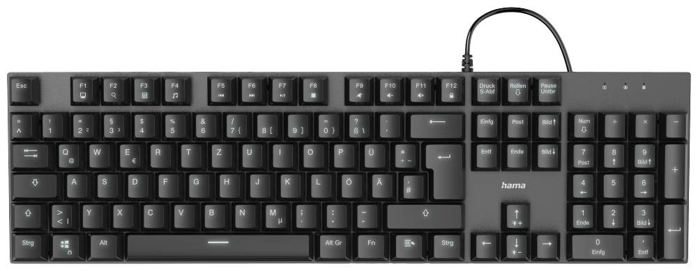 Black computer keyboard with German QWERTZ layout and numeric keypad, with a cable connection at the top.