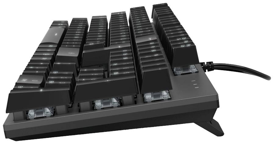 Mechanical keyboard with black keys and USB cable. Tiltable feet and visible switches beneath the keys.