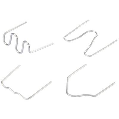 Four different metal wire shapes, similar to hooks, on a white background. They are variously bent and have geometric patterns.