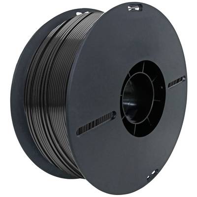 Black spool with filament for 3D printer, showing material and packaging for printing purposes.