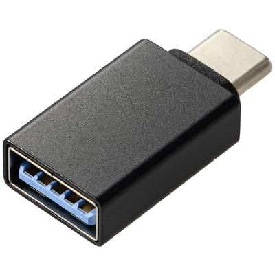 A black USB-C to USB-A adapter that enables connecting USB-A devices to a USB-C port.
