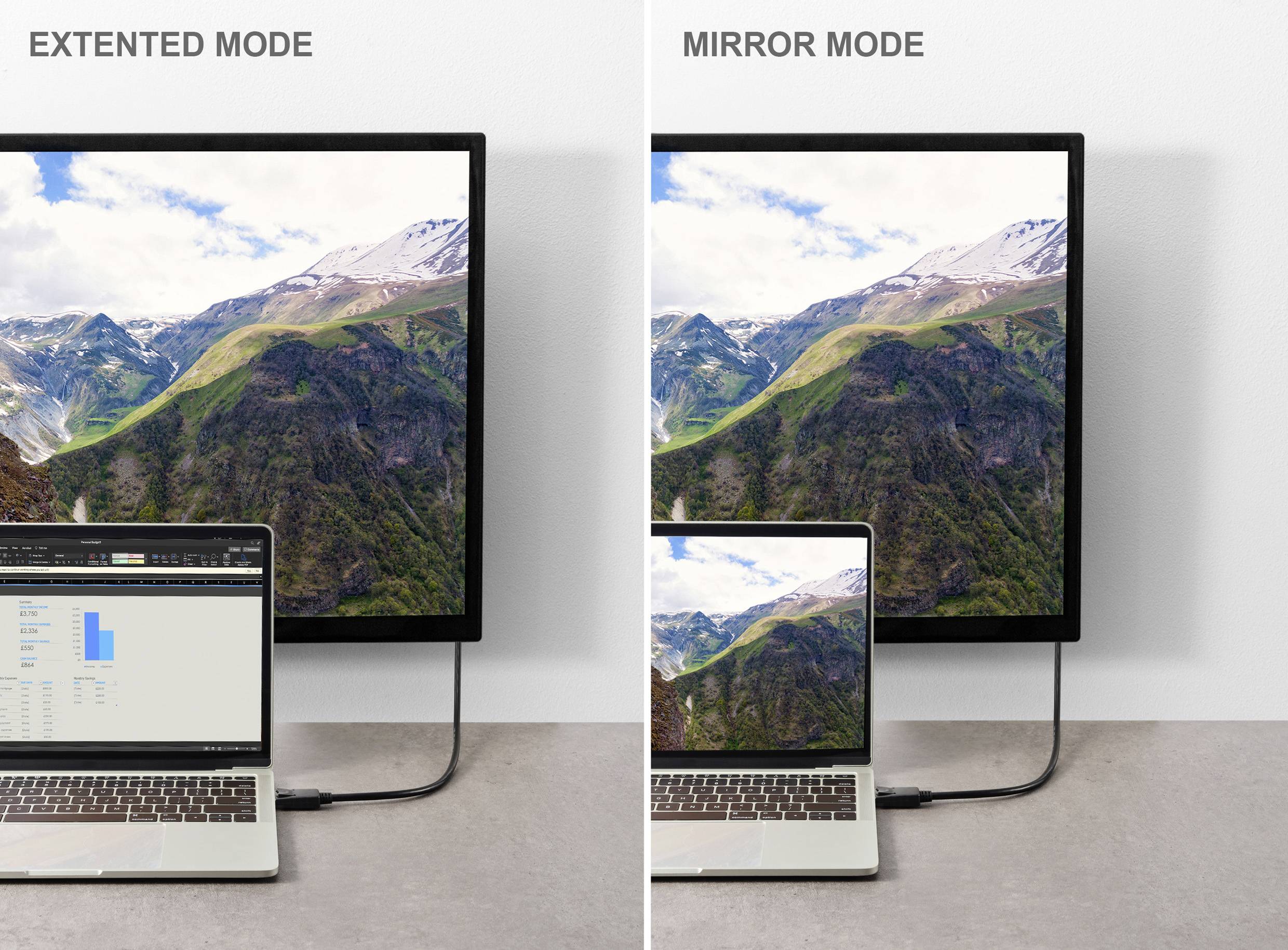 A laptop is connected to a monitor and shows two modes: 'Extended Mode' with an additional screen and 'Mirror Mode', which duplicates the laptop screen.