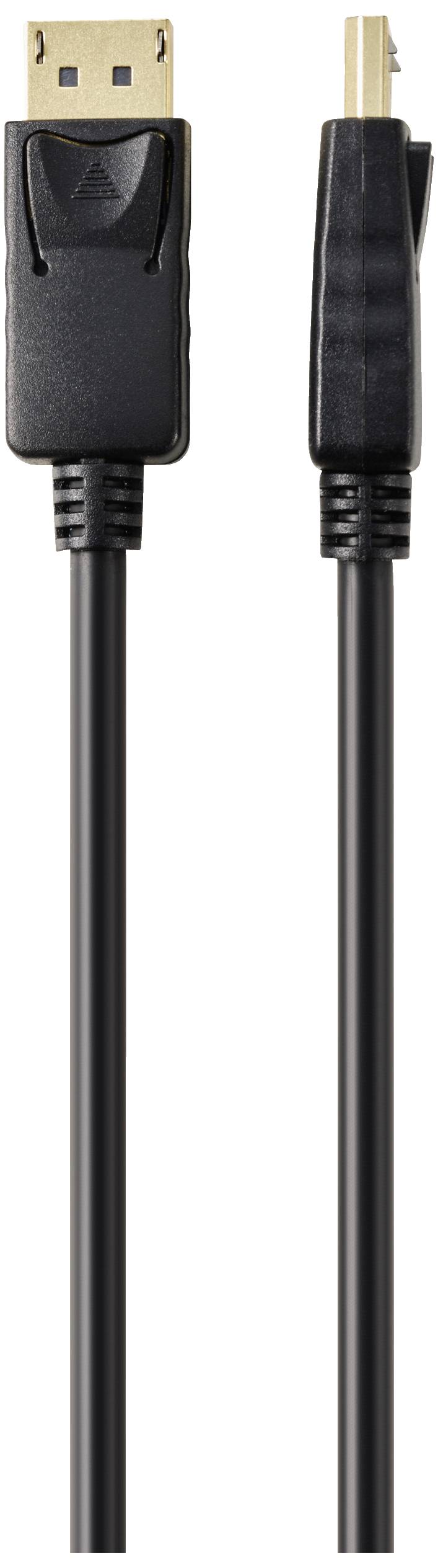 A black DisplayPort cable with two connectors.