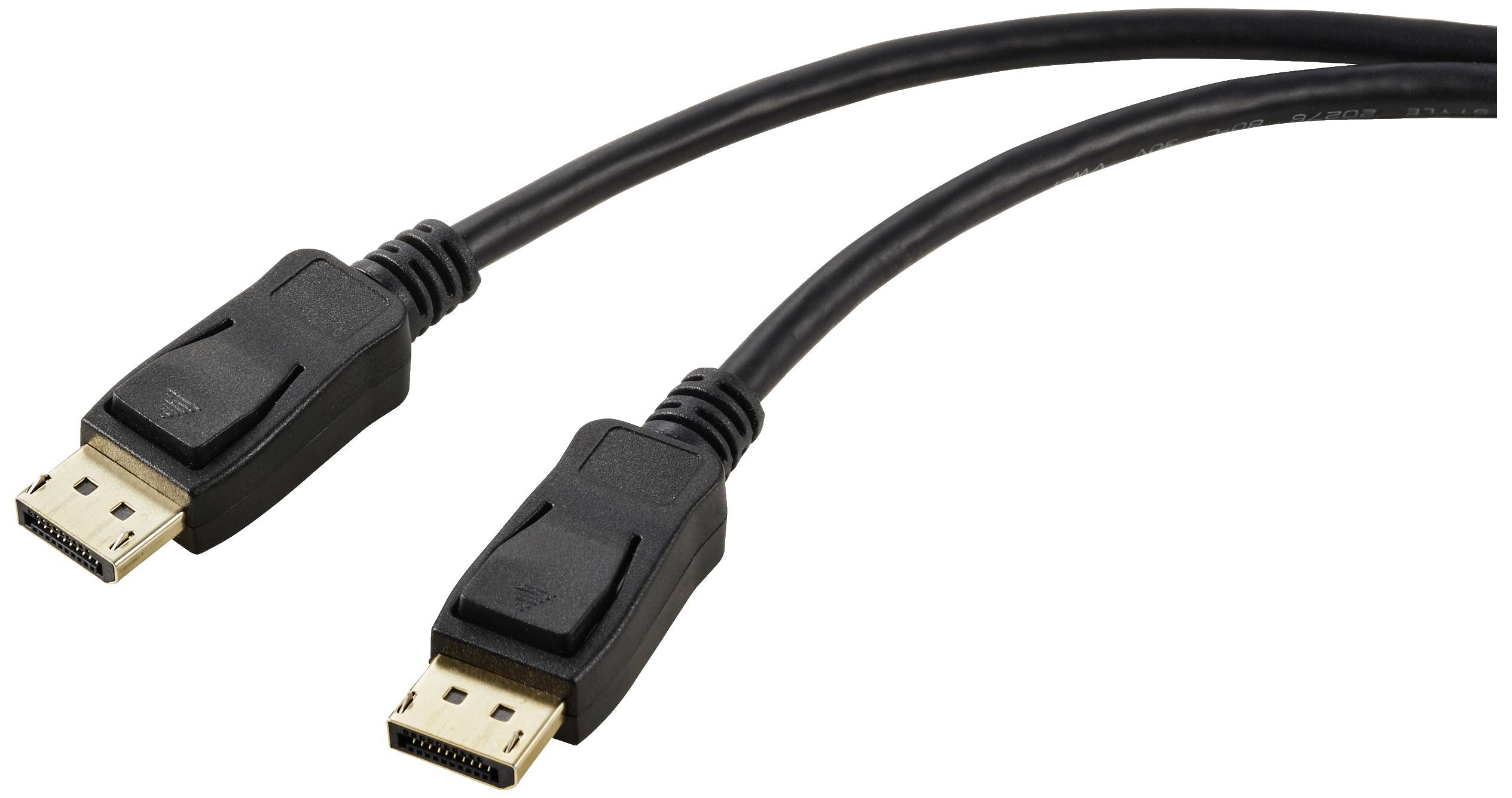 Two black cables with DisplayPort connectors at each end, used for video and audio connections between devices.