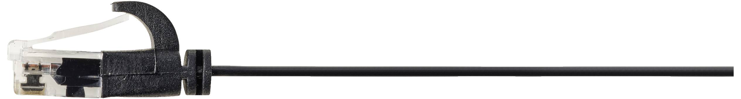 A black Ethernet cable with a transparent plug and a locked clip for a stable connection.