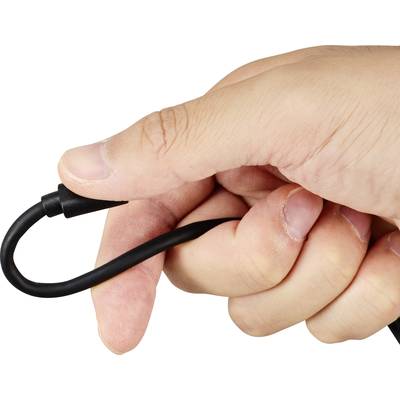 A hand is holding a black cable with a round tip.