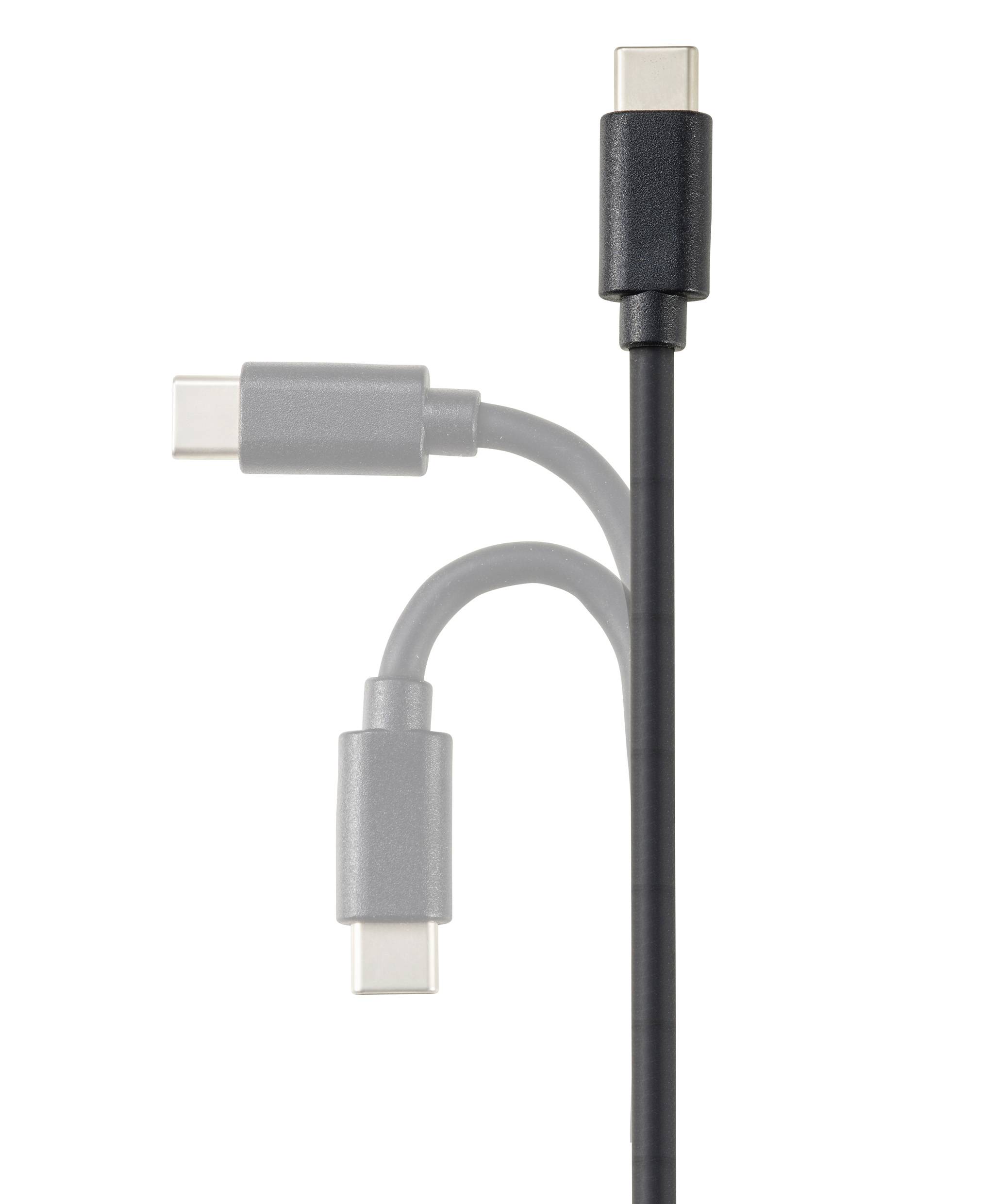 'Three USB-C cables in different positions and colours. A black cable stands out in front of two grey cables hinted at in the background.'