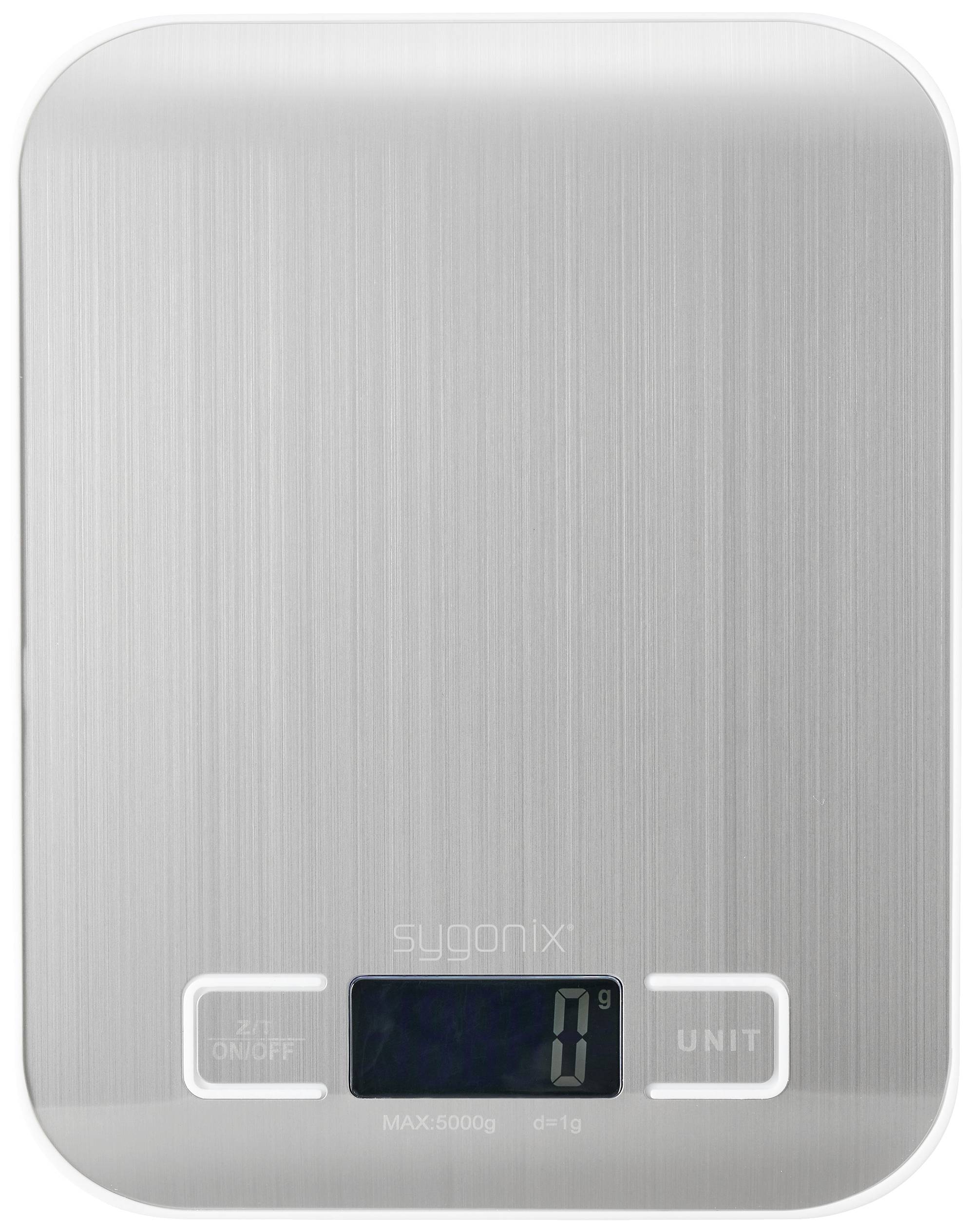 Digital metal kitchen scales with a display showing '0 g'. Two buttons: 'ON/OFF' and 'UNIT'. 'sygonix' brand on the surface.