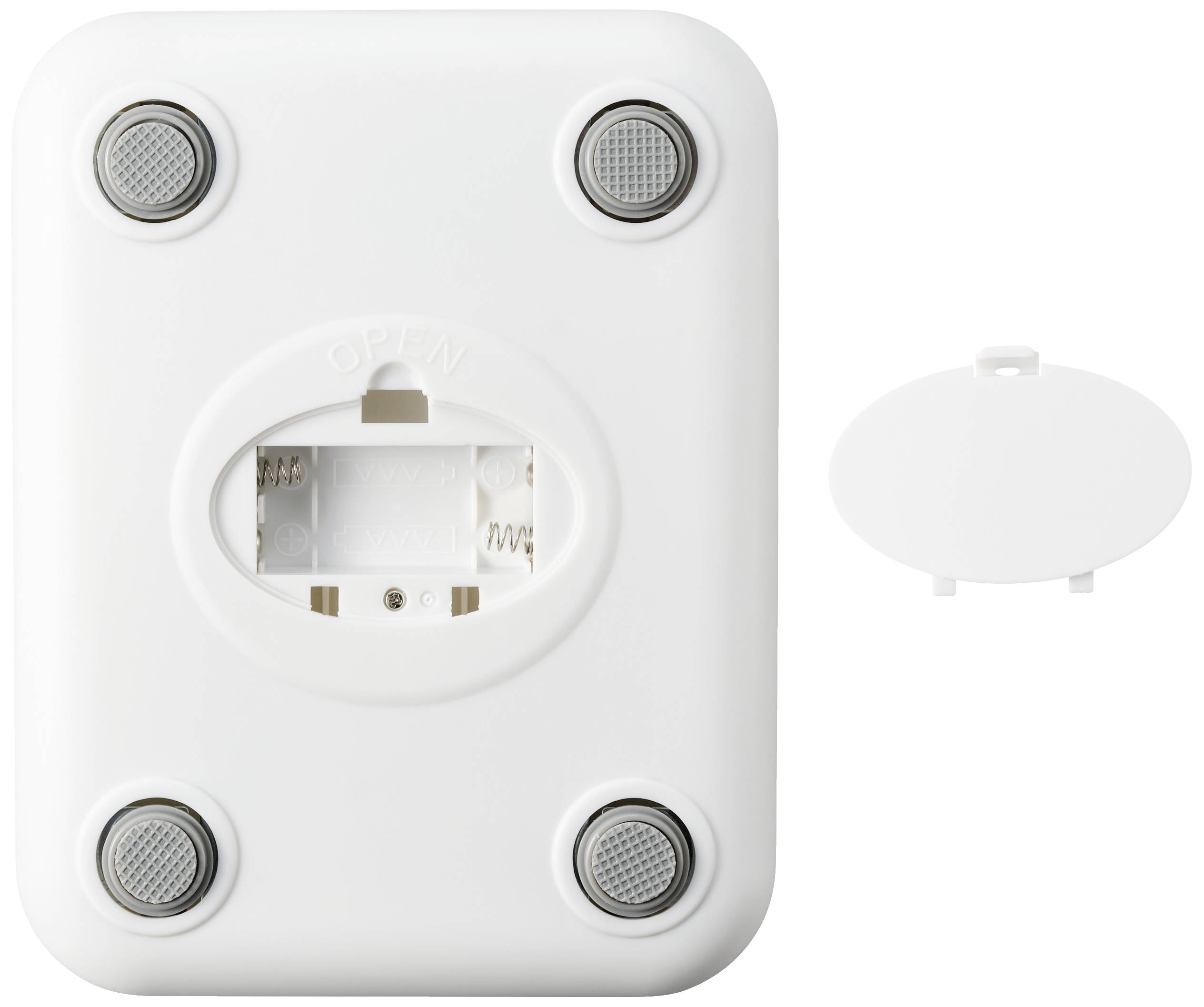 A white rectangular container with four round non-slip feet; an oval compartment with a closure for batteries.