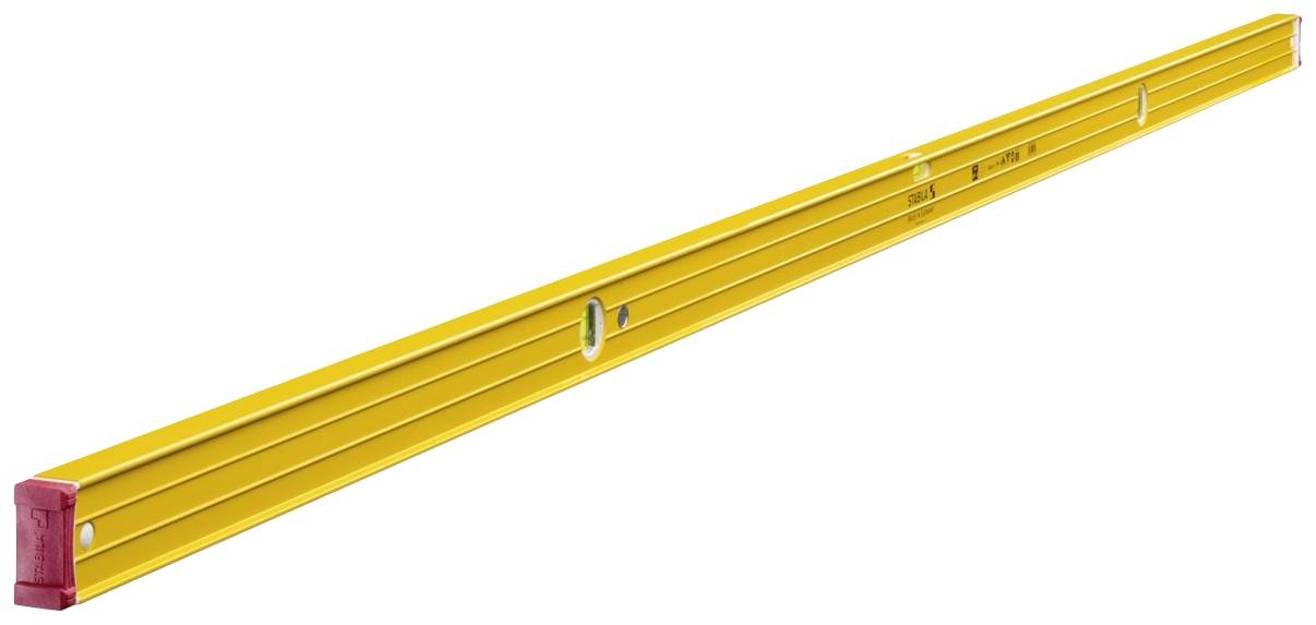 A yellow spirit level with red ends, lying on a white surface, shows its edges and the spirit bubbles used for levelling.