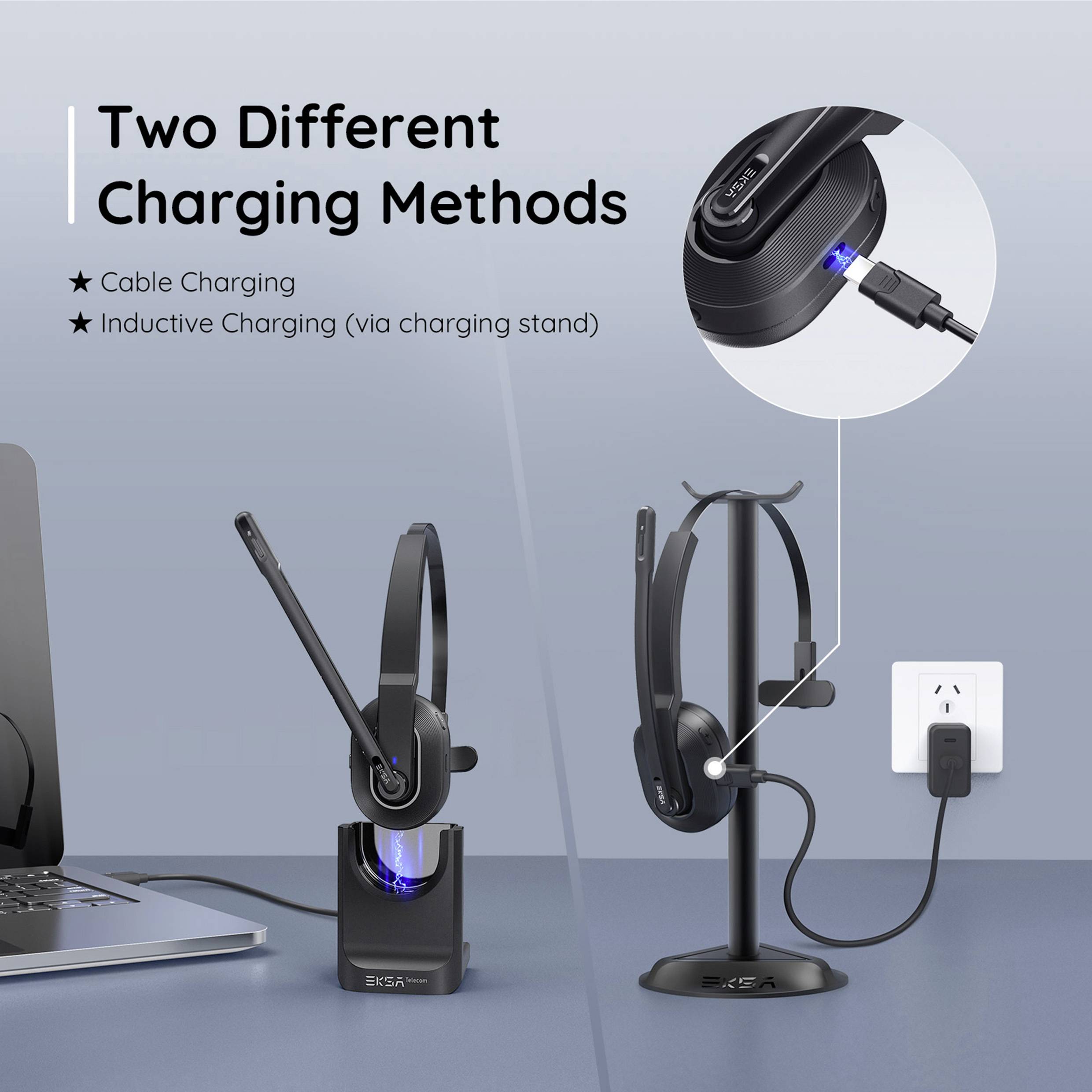 Two different charging methods for headsets: Cable charging and inductive charging via a charging station. Image shows both in use.