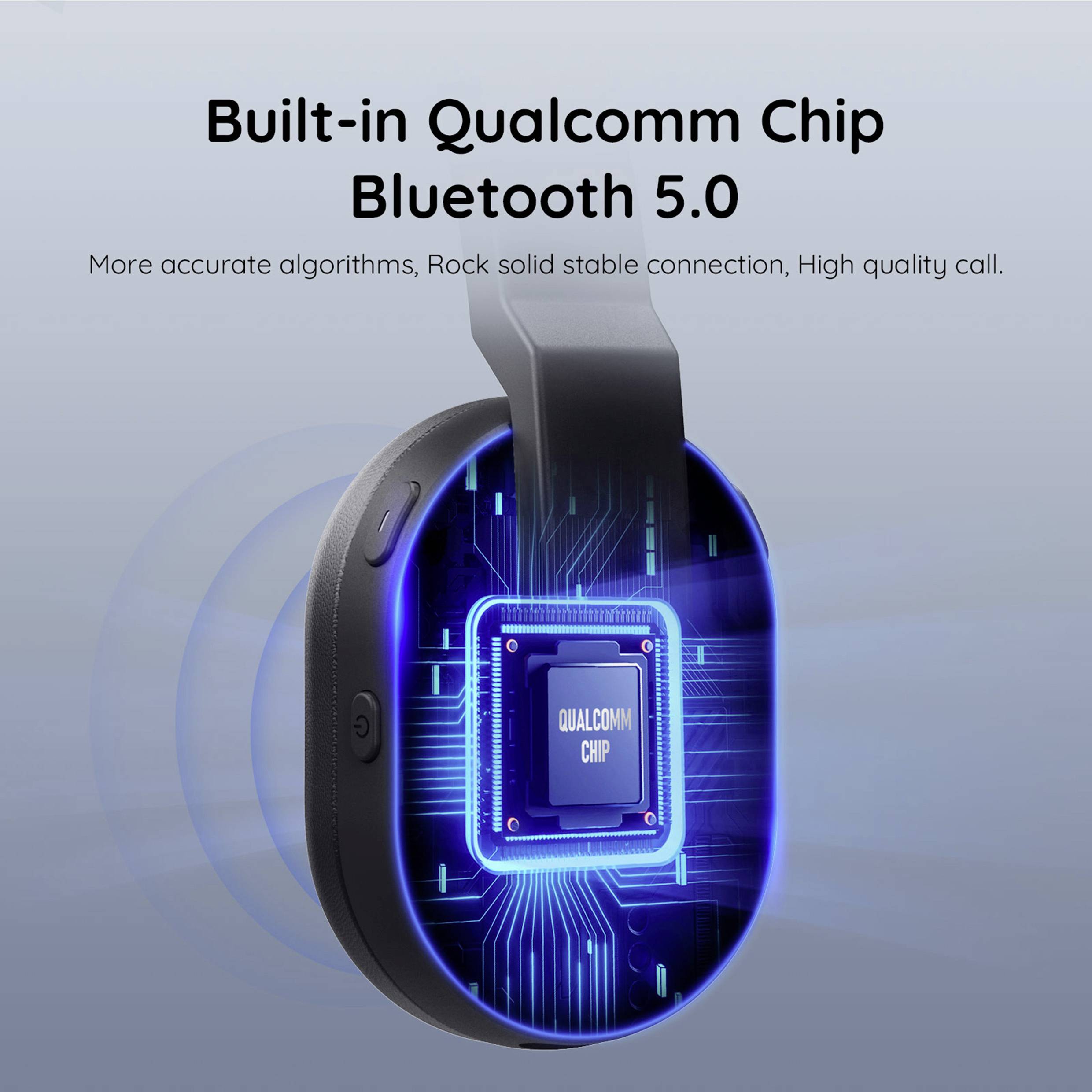 'Bluetooth 5.0 Adapter with Qualcomm Chip for Stable Connection and High Call Quality. Black, Round Design with Illuminated Chip.'