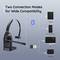 'Two Connection Modes for Broad Compatibility' shows a headset with Bluetooth and USB dongle, connected to tablet, smartphone, PC, laptop.