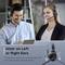Two individuals wearing headsets, both smiling. The text 'Wear on Left or Right Ears' explains the flexible microphone positioning.