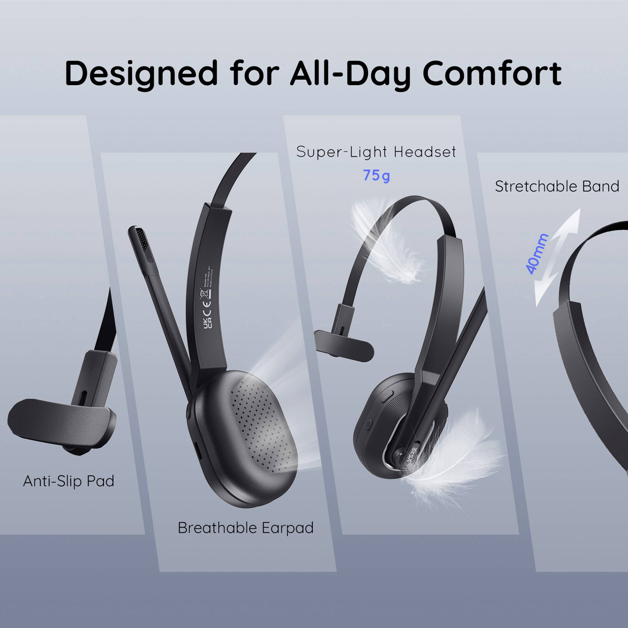 A headset with breathable ear cushions, non-slip base, and stretchable headband for all-day comfort, weighing 75g.