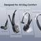 A headset with breathable ear cushions, non-slip base, and stretchable headband for all-day comfort, weighing 75g.