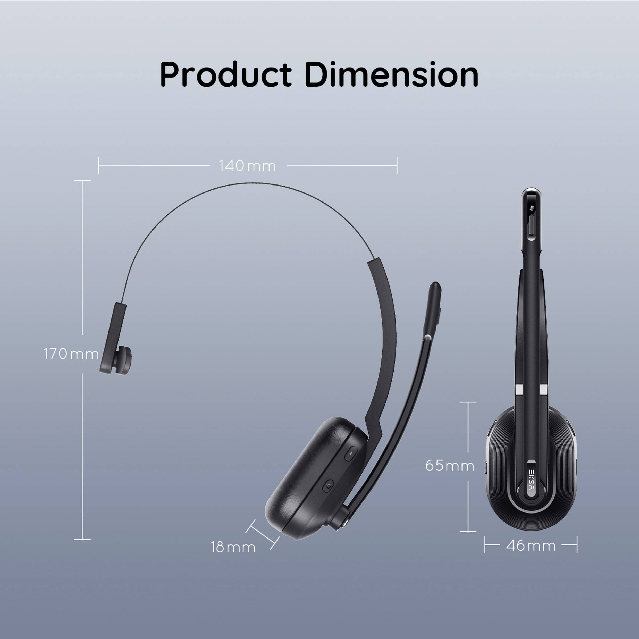 Top and side view of a black headset with dimensions: 140 mm length, 170 mm height, 18 mm width, 65 mm headband, 46 mm earpiece.
