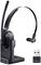 Wireless black headset with microphone on charging station, next to small receiver. Suitable for calls and audio transmission.