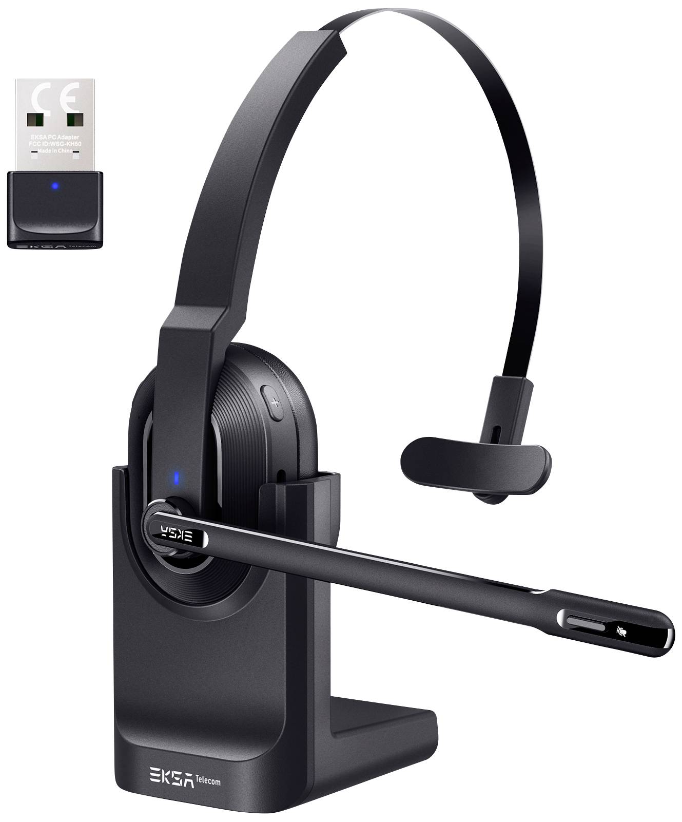 Wireless Bluetooth headset with microphone and USB dongle, positioned on a charging station. Ideal for calls and video conferences.