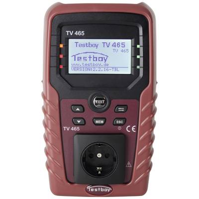 A red electric testing device with a display shows the inscription 'Testboy TV 465', a URL, and a version number. Beneath are buttons and a power socket.