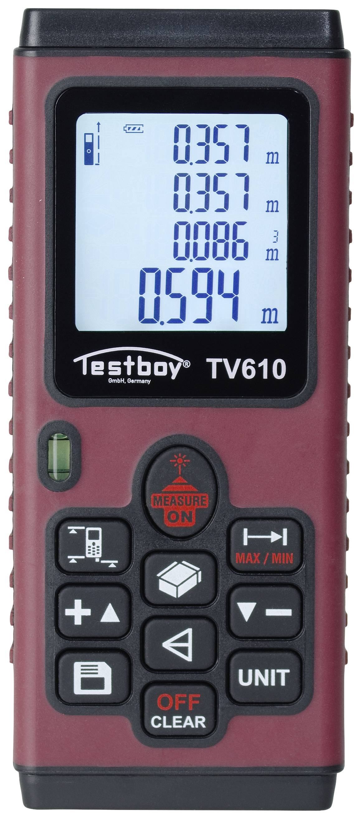 A red digital distance measuring device with a display shows measurements in millimetres. It has various function buttons underneath.