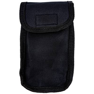 Black fabric bag with flap, suitable for storing small items, rectangular and compact.