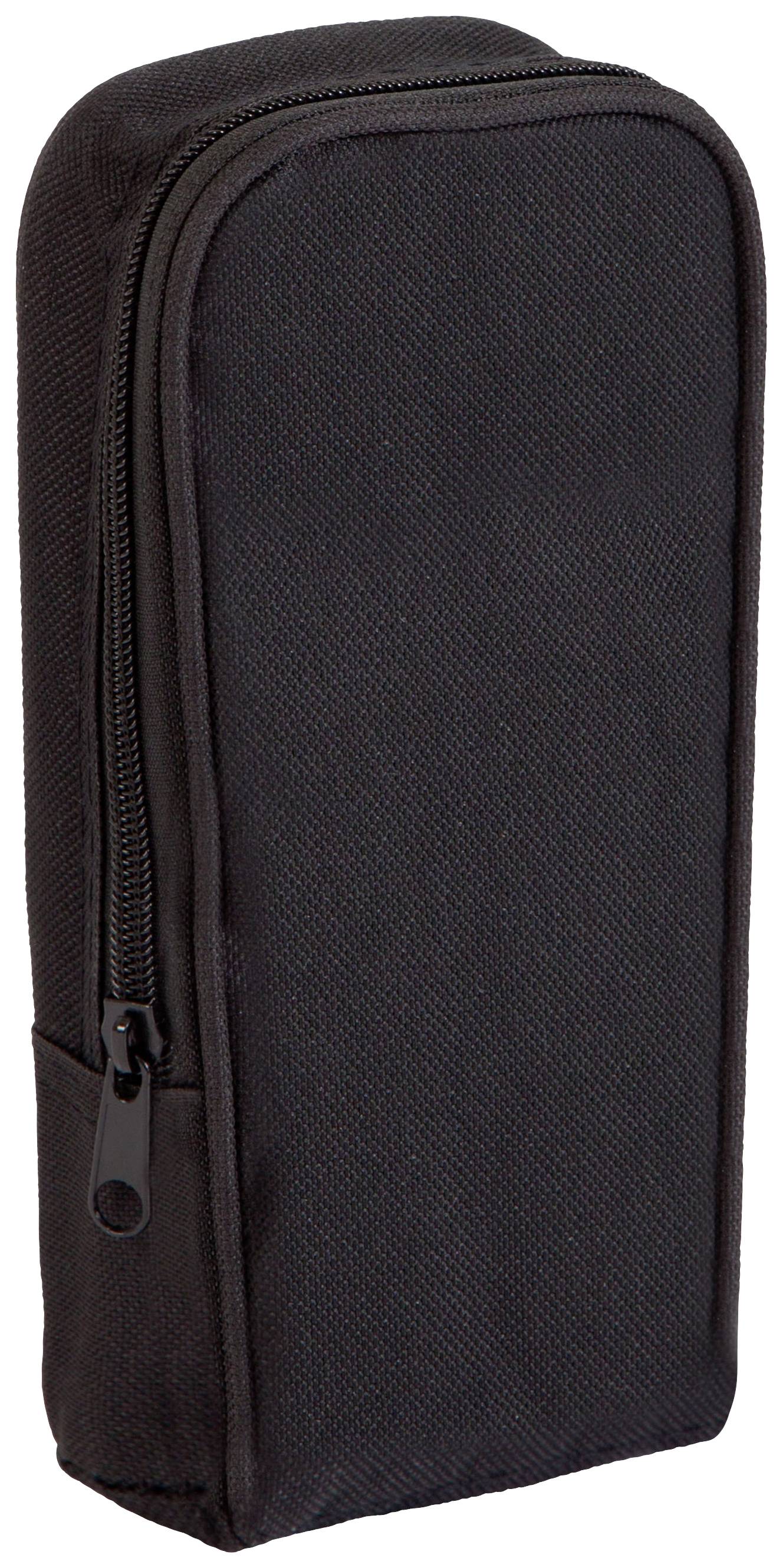 Black, cylindrical zippered case, standing upright.