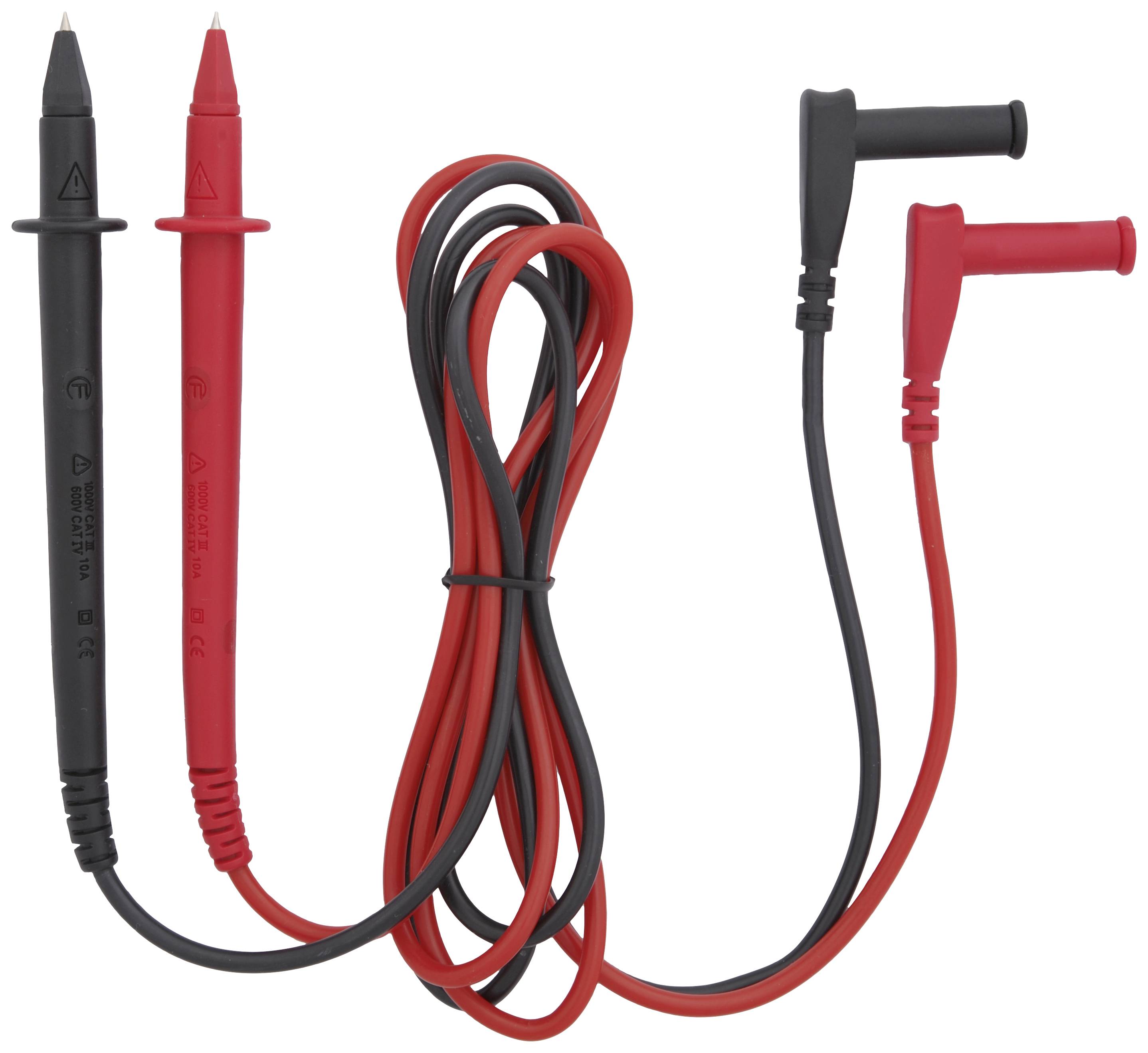 A pair of measuring leads, one red and one black, with pointed probes and crocodile clips, used for electrical testing.