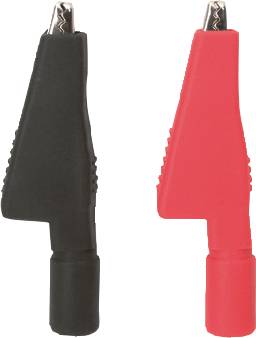 Two crocodile clips, black on the left, red on the right, for electrical contact and measurement purposes.