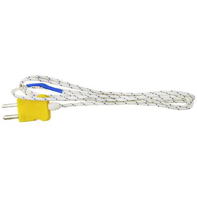 A yellow, two-pin European plug with a white cable that has blue and white markings.