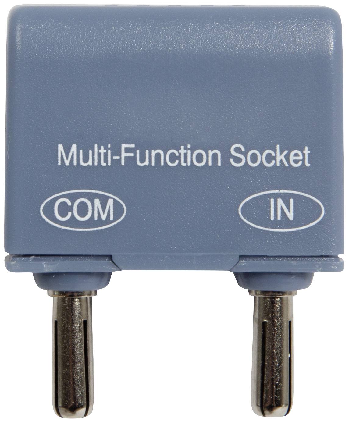 A blue multi-function plug with two connections, labelled 'COM' and 'IN' on the top surface.