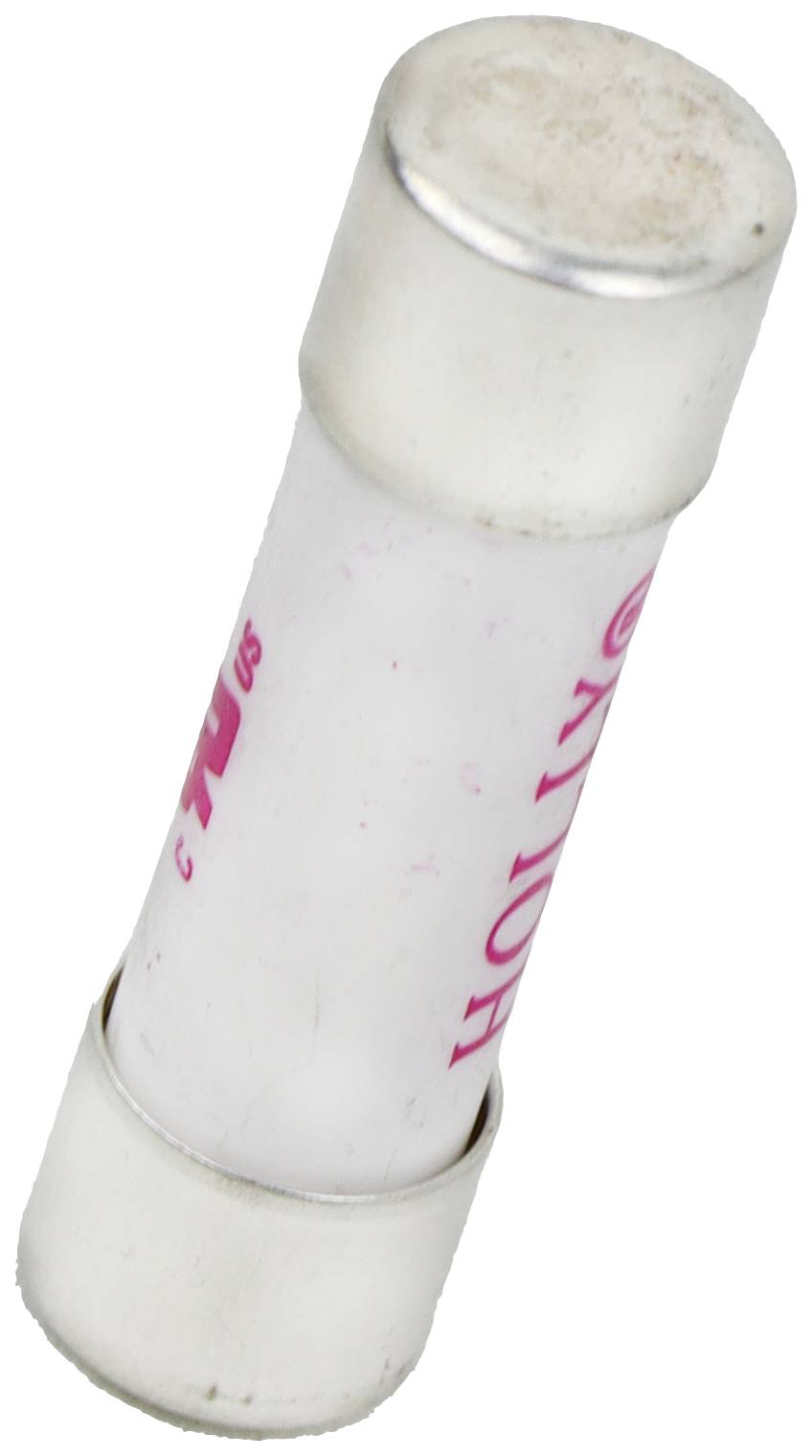 A white cylindrical glass fuse with metal caps at both ends, bearing the word 'HOLLY' in pink lettering.