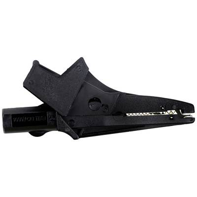 A black, isolated cable clamp clip. Used for electrical applications to securely hold and protect cables.