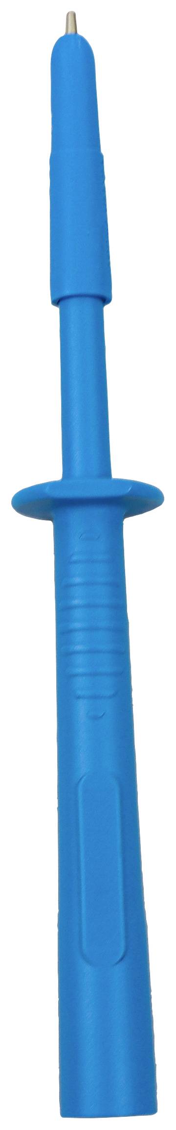 Blue test probe or test pen with a pointed tip, used for electrical measurements, held vertically.