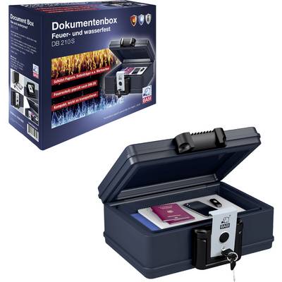 Fire and water-resistant document box with lock, suitable for securely storing papers and valuables. Pictured are the box and packaging.